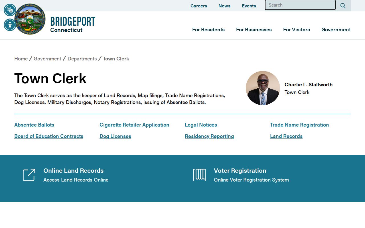 Bridgeport residents directory Town Clerk records office