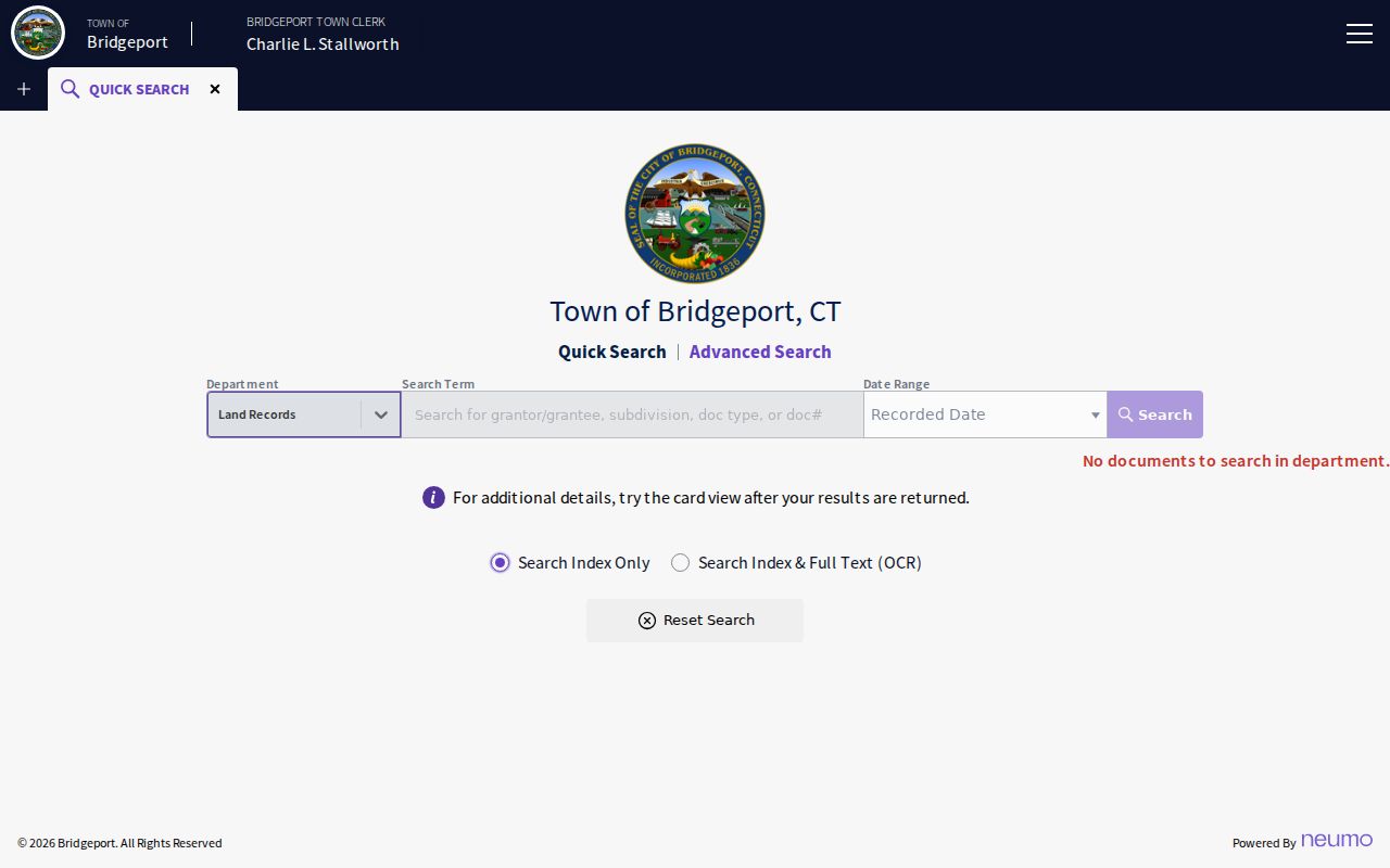 Bridgeport previous residents PublicSearch land record portal