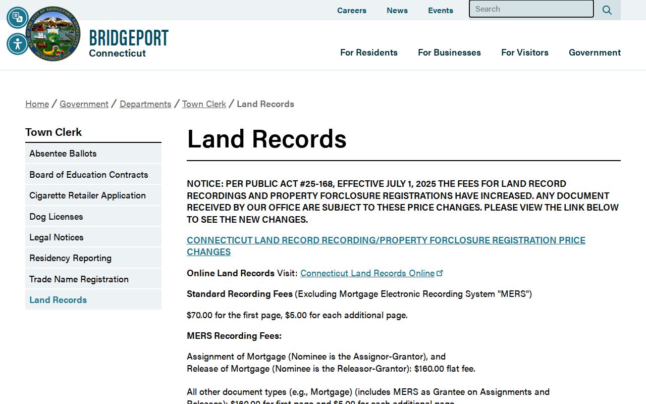 Bridgeport previous residents Town Clerk land records route