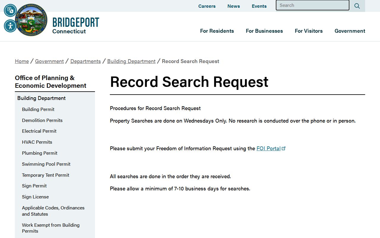 Bridgeport street directory building record search request