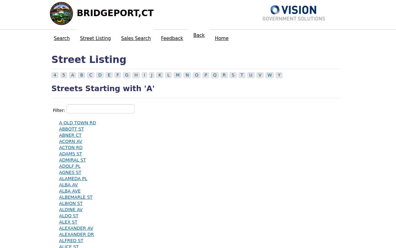 Bridgeport street directory street listing browse screen